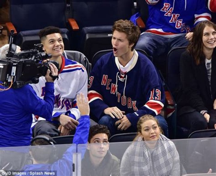 Ansel Elgort Attends Rangers Game with Joe Jonas and Gigi Hadid