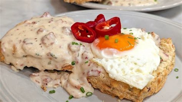 Biscuits and Gravy Topped with a Fried Egg and Pickled Chiles | Recipe