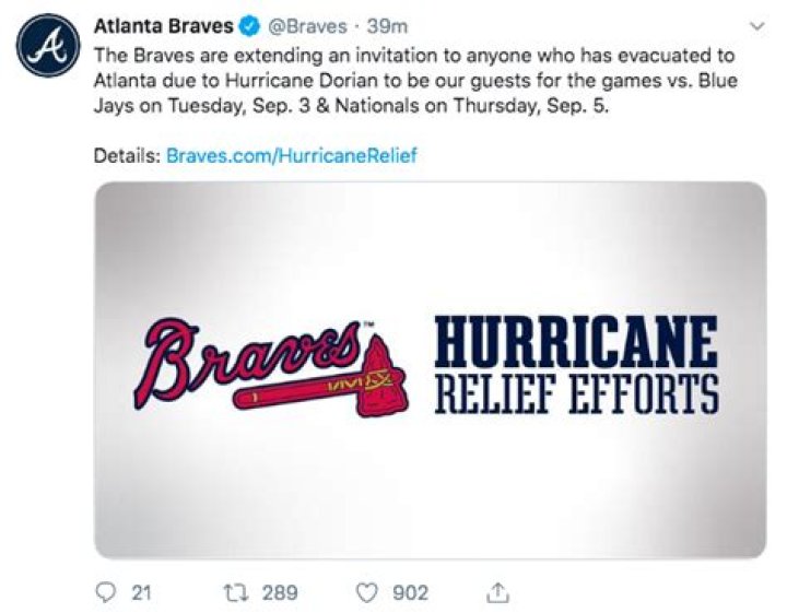 Dorian evacuees offered free Atlanta Braves tickets
