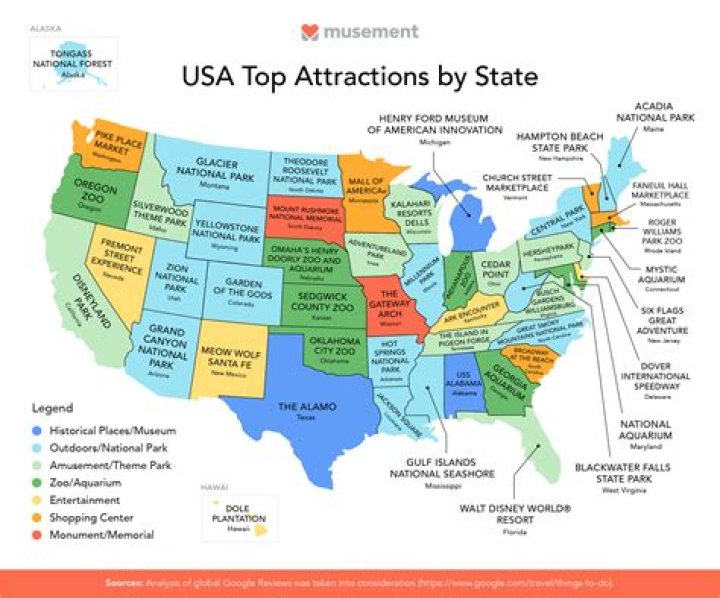 Each State's Favorite American Tourist Attraction, Mapped