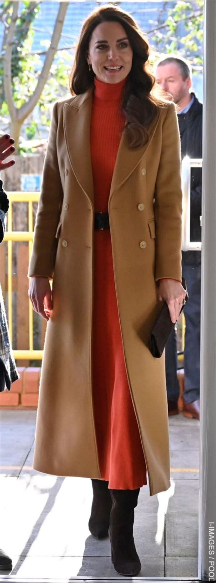 Kate Middleton Paired a Classic Camel Coat with Fiery Red Separates